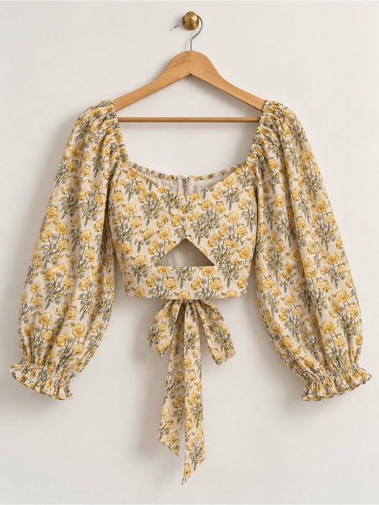 Mable Tops - MABLE NWT Yellow Floral Puff Sleeve Cutout Tie Back Crop Top Size L Cottagecore